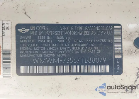 2007 Mini Cooper S S из США, поврежденный, VIN WMWMF73567TL88079